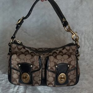 Coach Brown Signature Jacquard Shoulder Bag with Black Trim